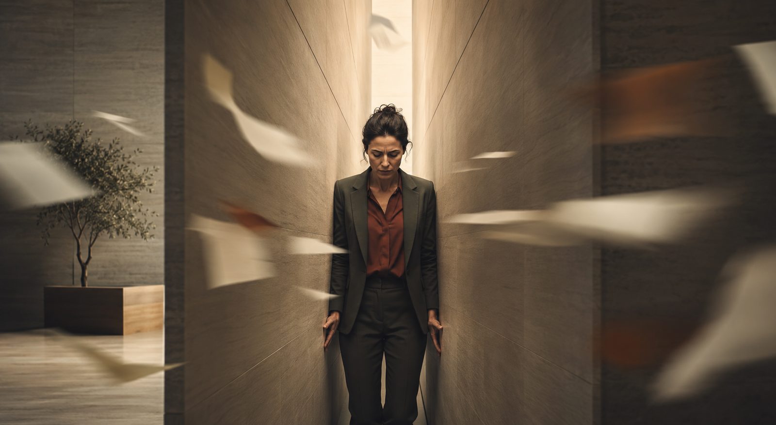 A woman pausing in a narrow corridor