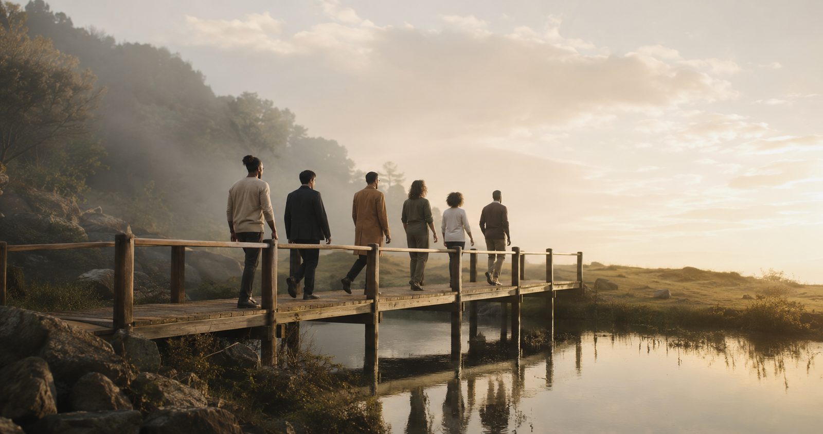 A group walking together across a bridge