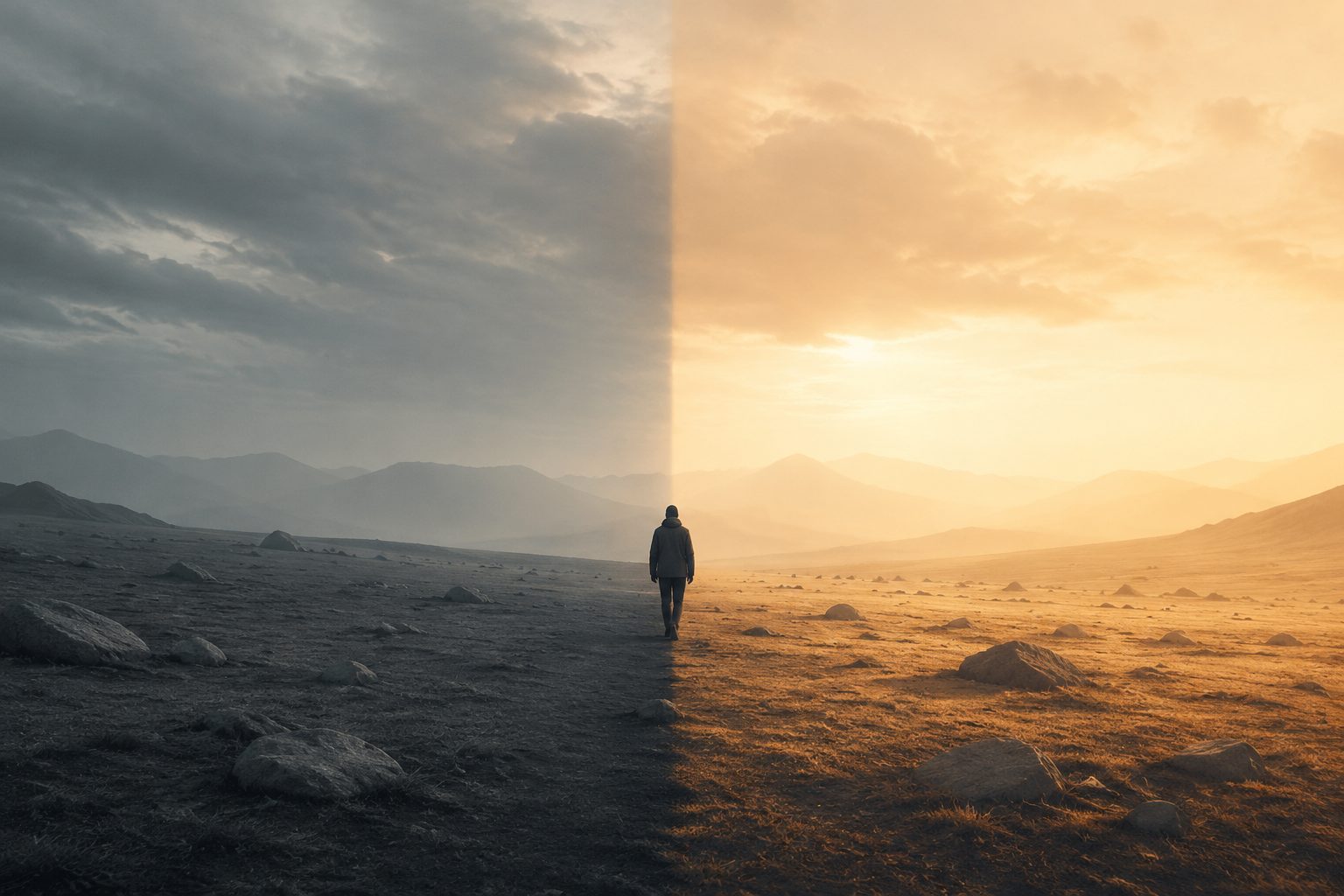 A person walking from grey light into warm light